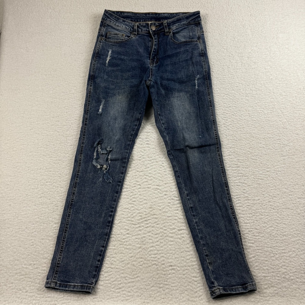 Youngla Jeans Mens 32x32 Blue Skinny Leg Denim Cotton Stretch Zip Fly Distressed